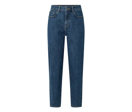 Jean « Mom » bleu foncé, coupe « Nyla », avec taille haute, poches avant, fermeture boutonnée et zippée.