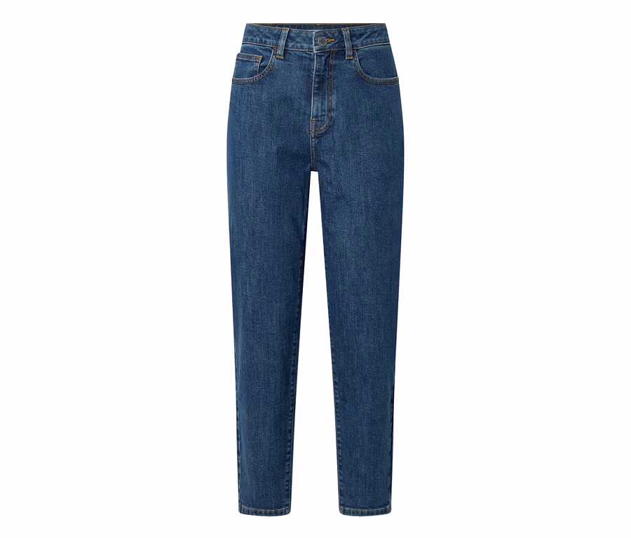 Jean « Mom » bleu foncé, coupe « Nyla », avec taille haute, poches avant, fermeture boutonnée et zippée.