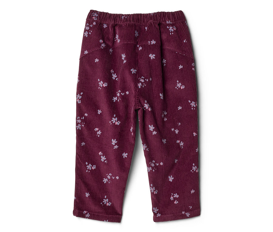 Pantalon en velours côtelé bordeaux avec un motif floral rose clair dispersé, une taille élastique et deux poches avant.