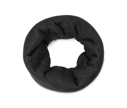 Cache-cou tricoté gris foncé avec doublure moelleuse, sur fond blanc.