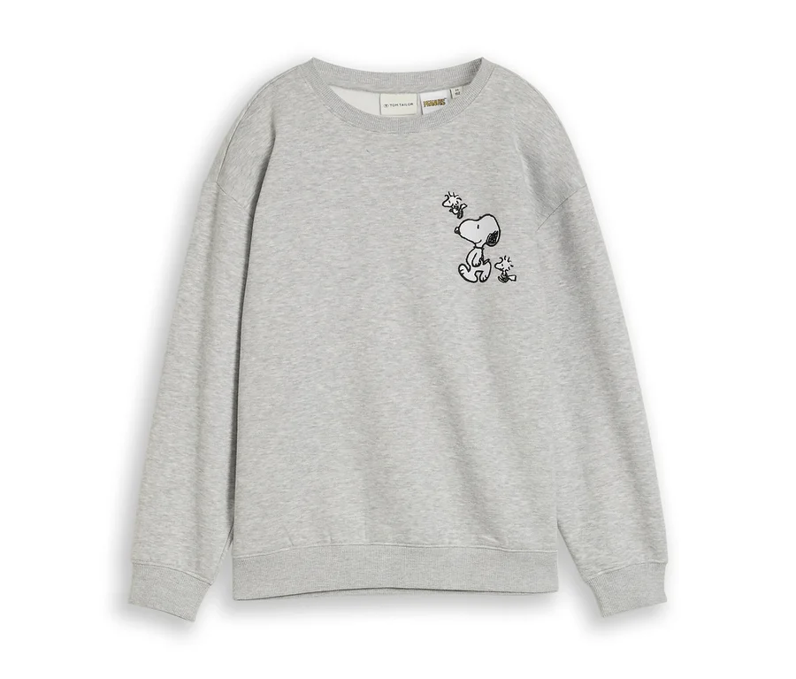 Sweat-shirt gris avec un dessin au trait noir de Snoopy assis, regardant Woodstock qui vole au-dessus de lui.