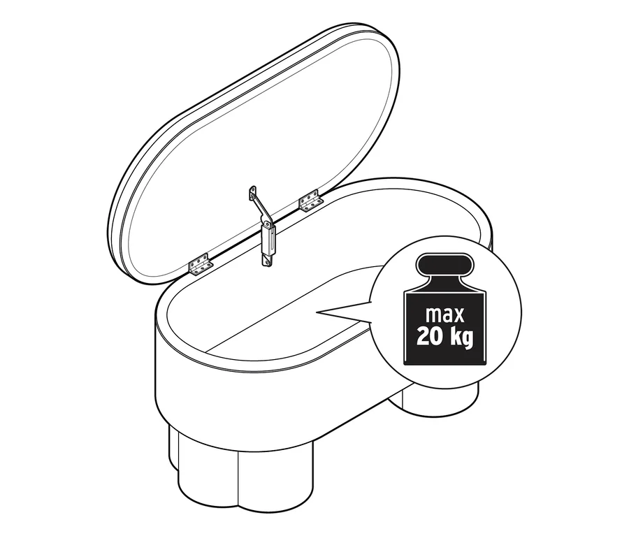 Dessin au trait d'une banquette de rangement ouverte en matière bouclée, avec le couvercle relevé révélant l'intérieur et une icône indiquant une charge maximale de 20 kg.