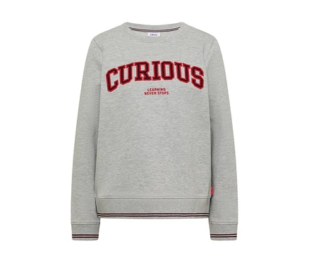 Sweatshirt CECIL gris avec l'inscription rouge "CURIOUS LEARNING NEVER STOPS" sur le devant.