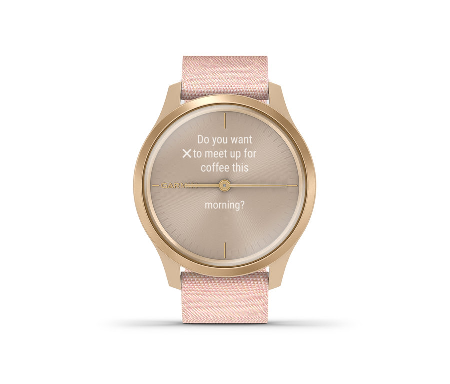 Gros plan sur une montre de sport Garmin Smartwatch « vivomove » dorée avec un bracelet rose affichant un message.