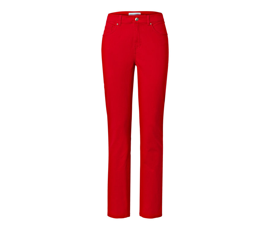 Un jean Denim de couleur rouge sur fond blanc.