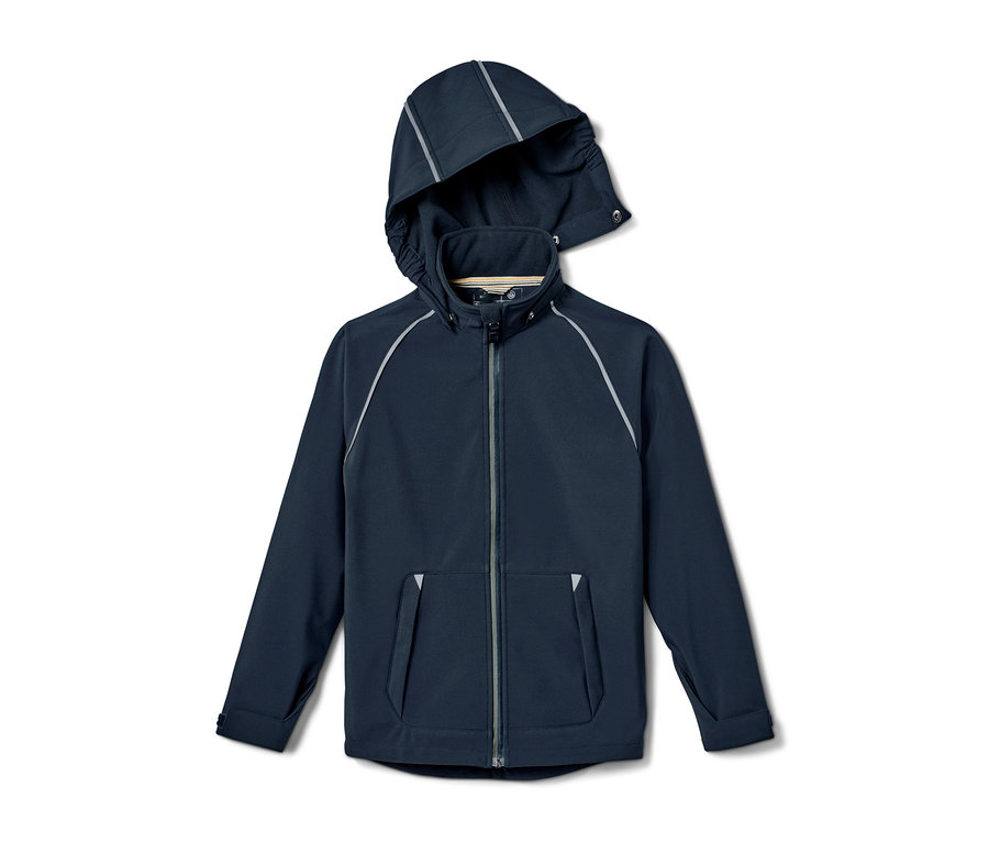 Veste softshell bleu marine avec capuche, fermeture éclair et poches.