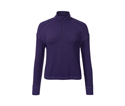 T-shirt de fitness court à manches longues violet avec fermeture éclair.