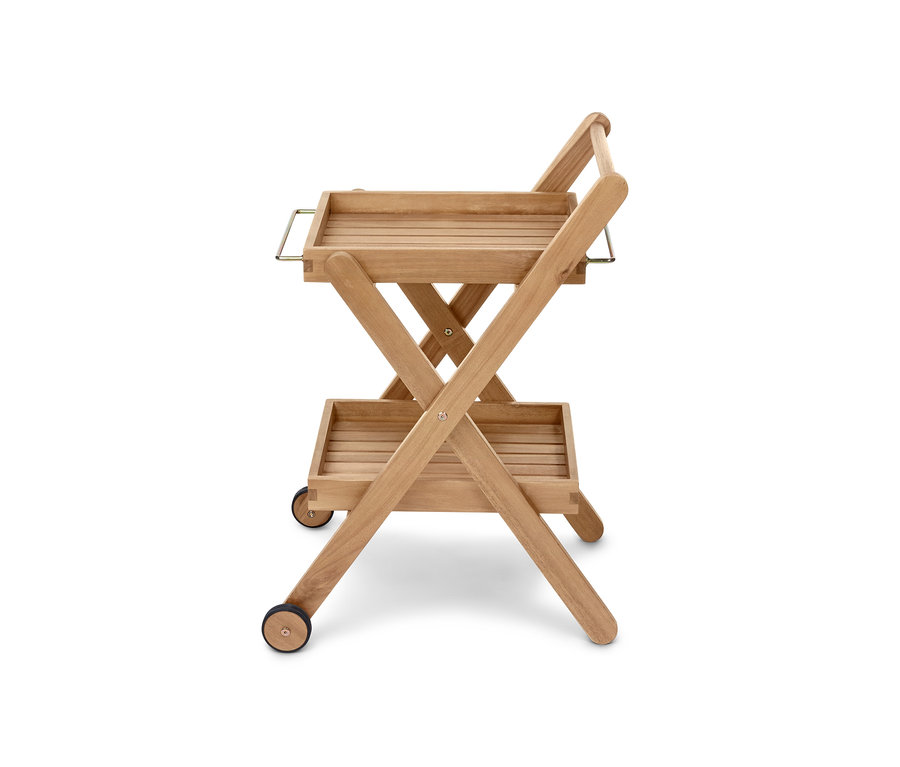 Vue détaillée du petit chariot pour barbecue « Lenja » avec deux étagères en bois.