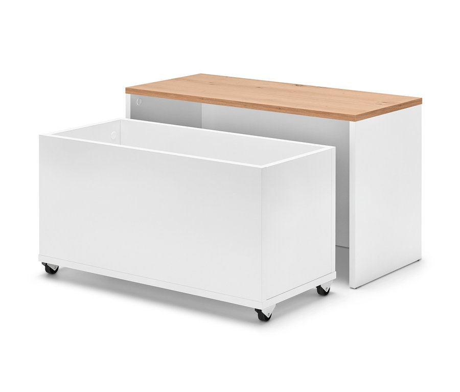Deux bancs avec caisse de rangement, dont un avec roulettes.