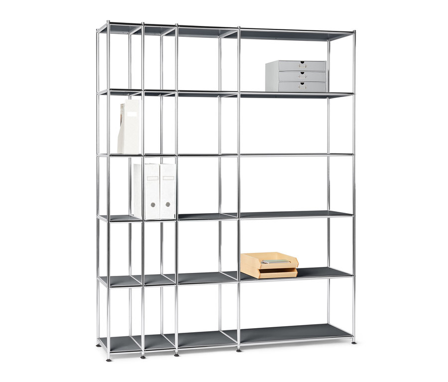 Étagère ouverte en métal « CN3 » grise avec des documents et une boîte de rangement.