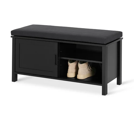 Banc noir « Clara » avec compartiment et chaussures.