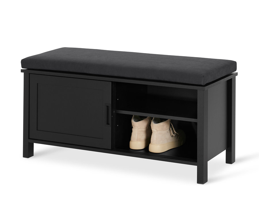 Banc noir « Clara » avec compartiment et chaussures.