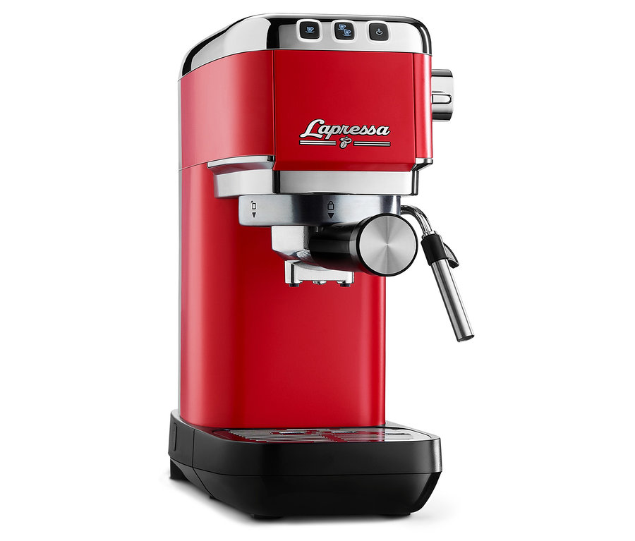 Une machine à porte-filtre « Lapressa » rouge sur fond blanc.