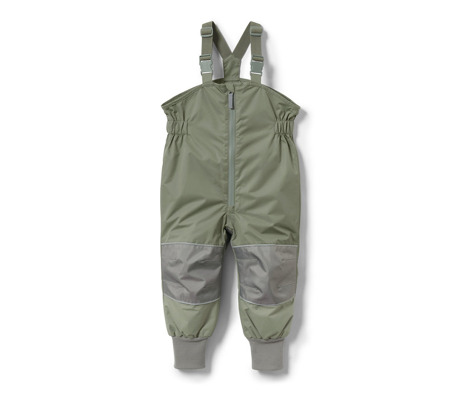 Pantalon imperméable vert pour tout-petit avec bavette et détails gris.