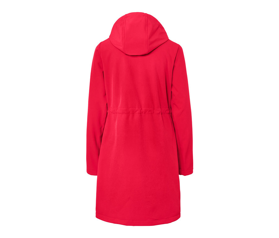 Manteau softshell rouge avec capuche, vue arrière.