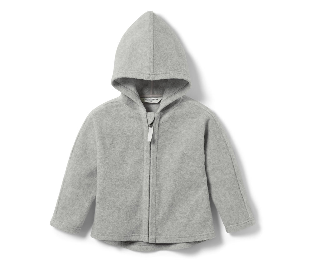 Veste polaire grise pour enfant avec capuche et fermeture éclair.