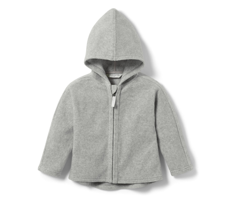 Veste polaire grise pour enfant avec capuche et fermeture éclair.