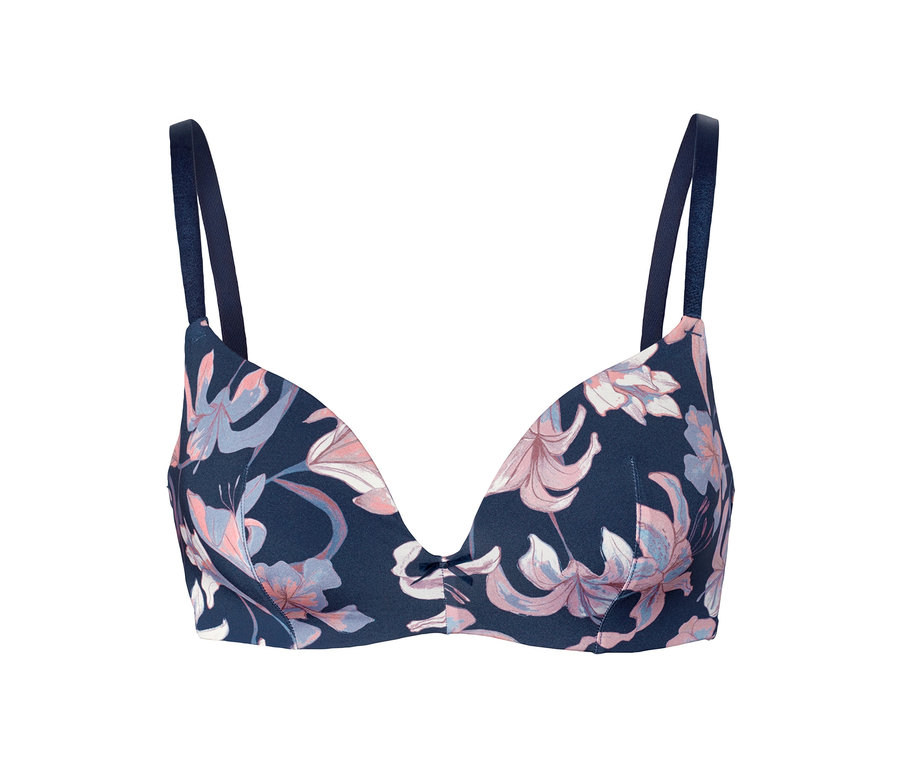 Soutien-gorge à coques souples bleu avec motif floral.