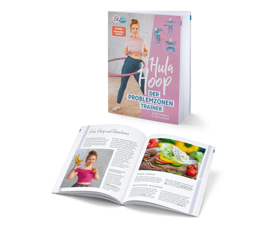 Deux exemplaires ouverts du livre « Hula hoop - l'entraînement des zones problématiques » (en allemand).