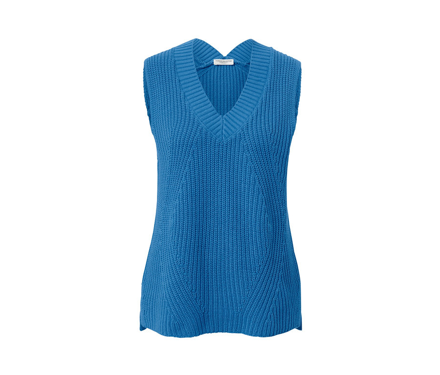 Pull sans manches en maille bleue avec un col en V.