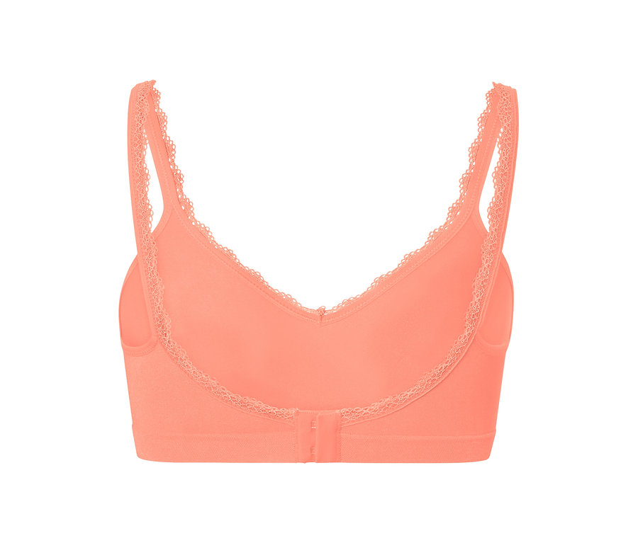 Vue arrière d'un soutien-gorge doux sans coutures couleur papaye avec des détails en dentelle.
