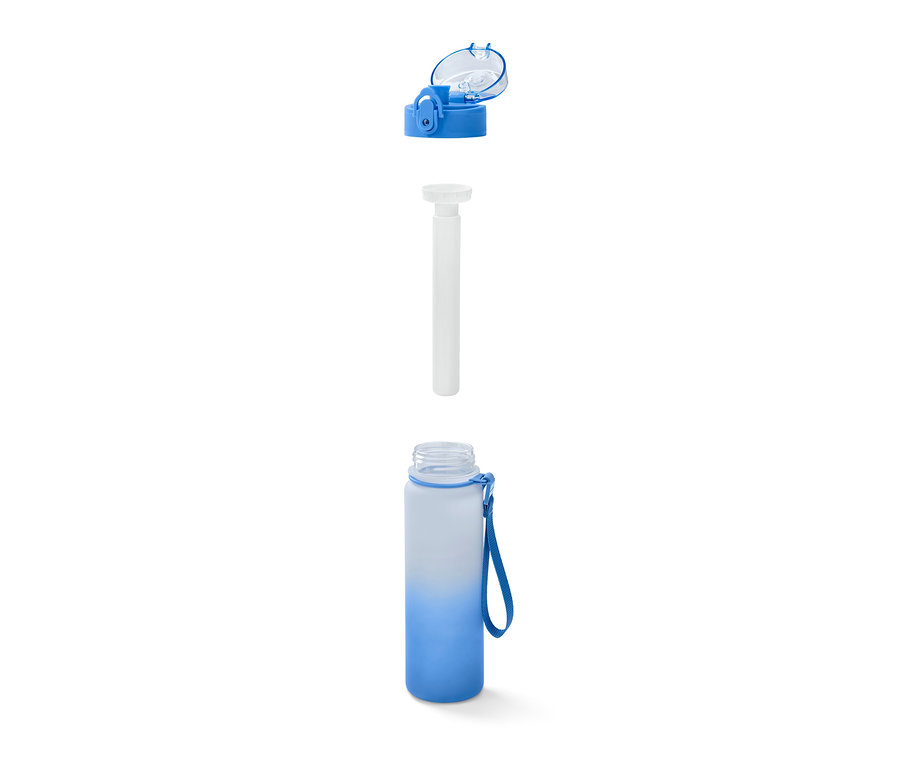 Gourde démontée avec couvercle bleu, insert blanc et corps bleu et blanc.