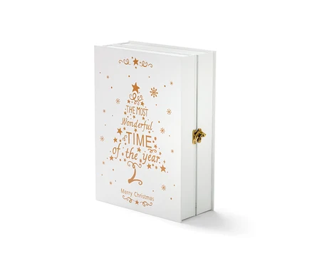 Un calendrier de l'Avent à LED blanc avec un imprimé doré de sapin de Noël et une fermeture.