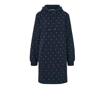 Une robe d’intérieur bleu marine à capuche avec des pois blancs.