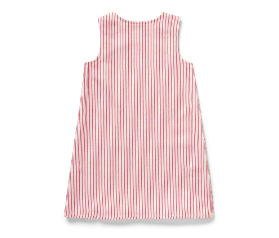 Robe-salopette tissée pour enfant avec des rayures rouges sur fond blanc.