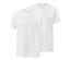 Deux t-shirts blancs à col en V sont posés l'un sur l'autre.