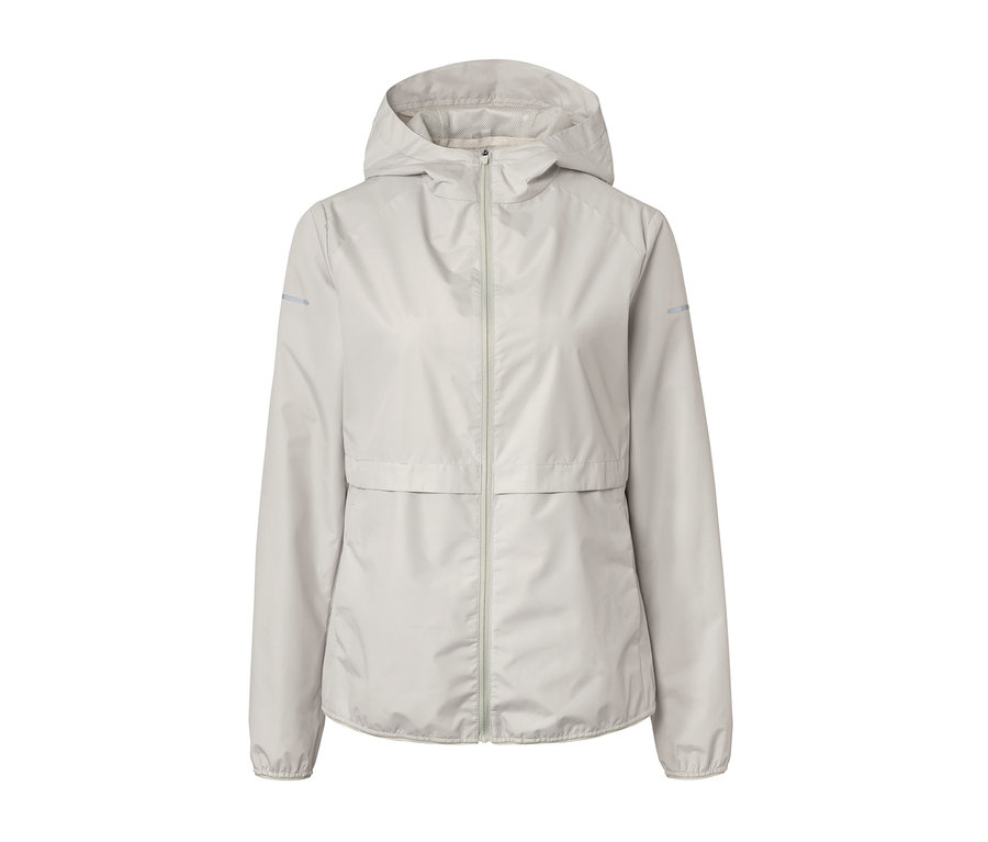 Veste de sport grise avec fermeture éclair et capuche.