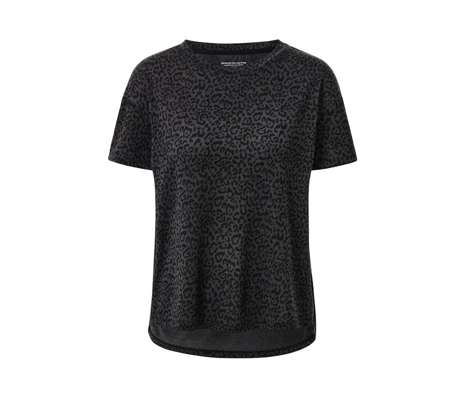 Un t-shirt de sport anthracite avec un motif léopard.