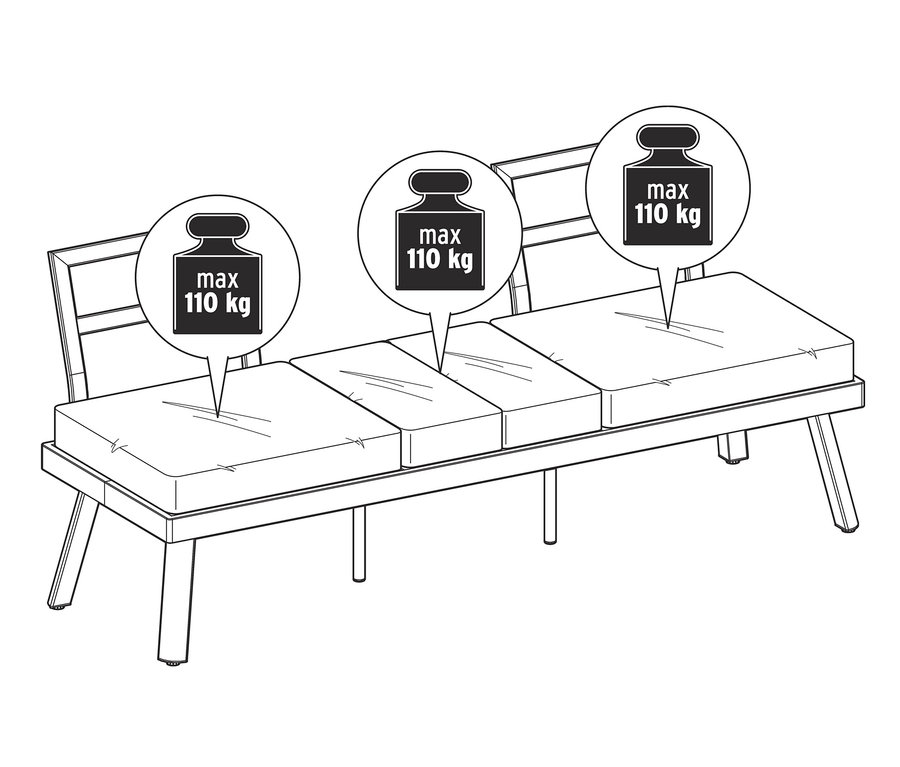 Illustration d'un canapé-lit 2 en 1 avec table centrale relevable, charge max. de 110 kg par siège.