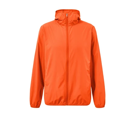Veste technique légère « packable » orange avec fermeture éclair et capuche.