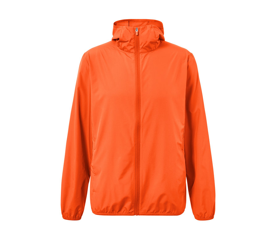 Veste technique légère « packable » orange avec fermeture éclair et capuche.
