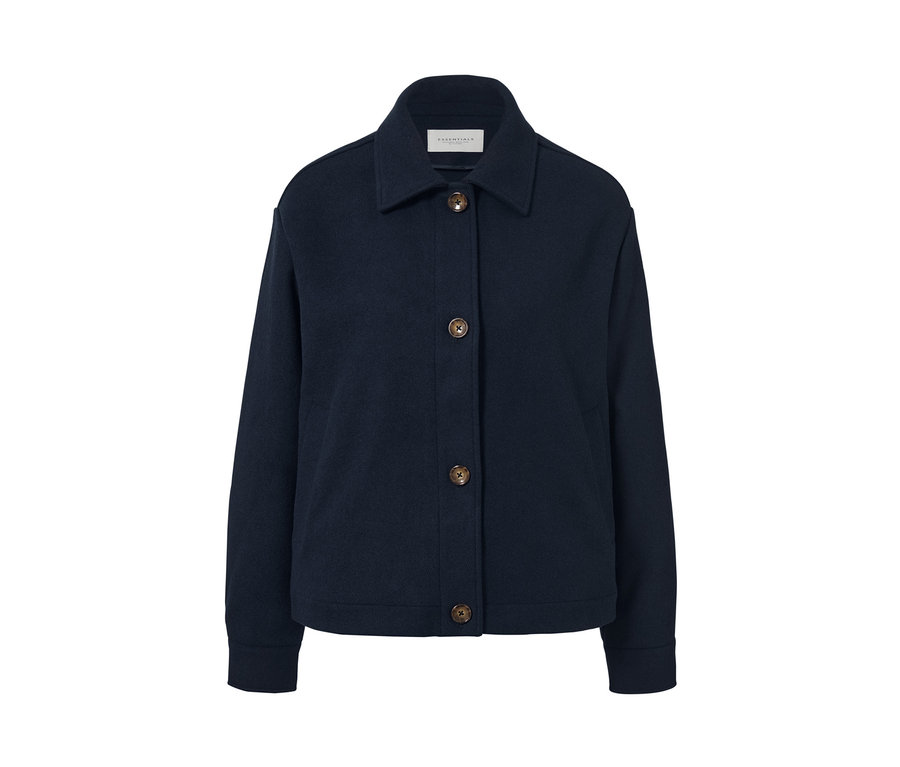 Veste de mi-saison courte bleu marine avec des boutons marron.