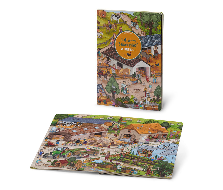 Deux livres d'images «
of Bauernhof
» avec des illustrations de personnes et d'animaux dans une ferme.