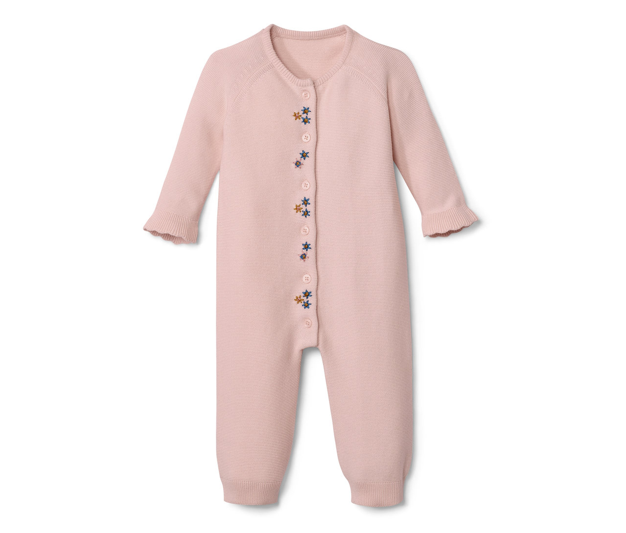 Combinaison en maille rose pour bébé avec broderie florale.