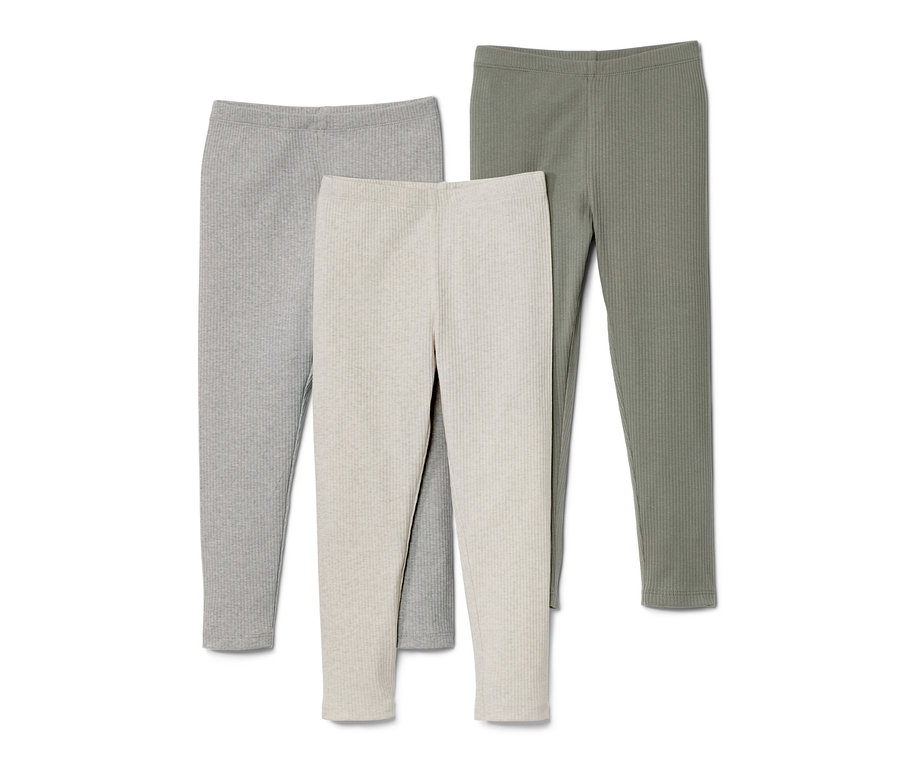 Trois leggings côtelés en gris, beige et vert.