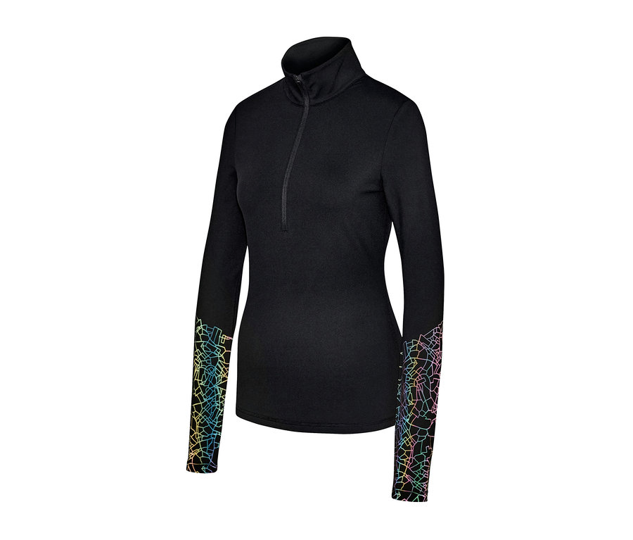 T-shirt technique thermique noir à manches longues avec motif géométrique coloré sur les manches.