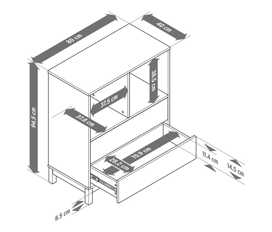 Schéma d'une commode haute avec 2 tiroirs et indication des dimensions.
