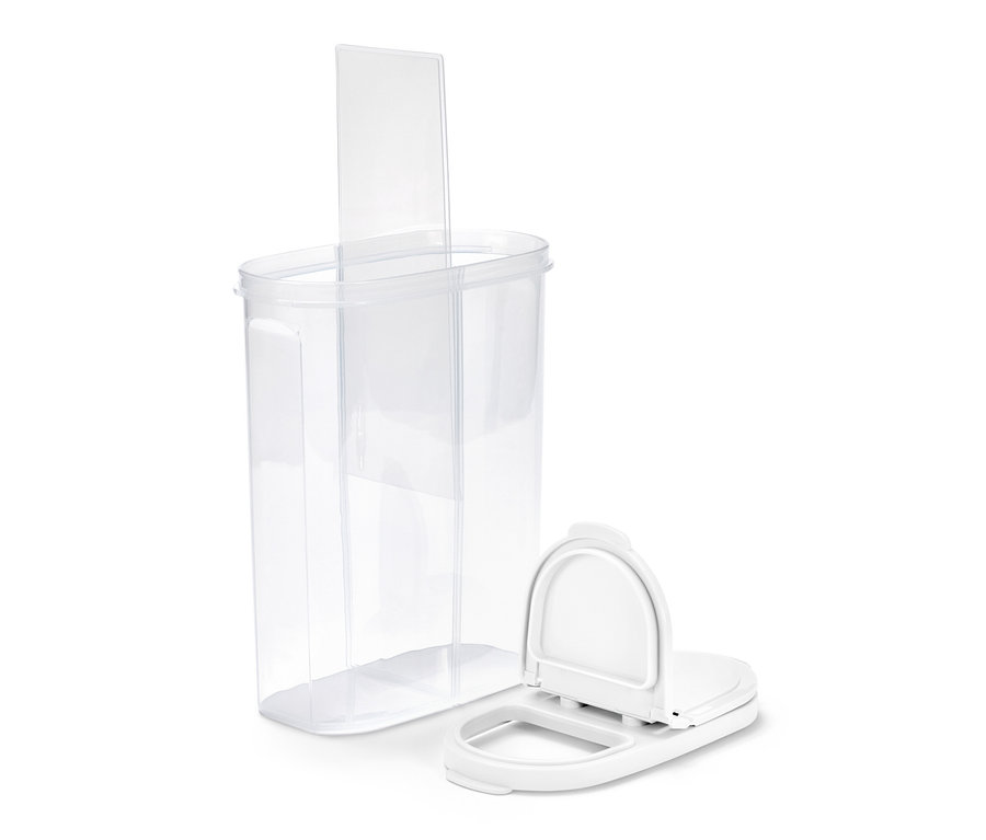 Une boîte de rangement 2 en 1 transparente avec un couvercle blanc ouvert.