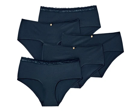 Cinq culottes bleu foncé.