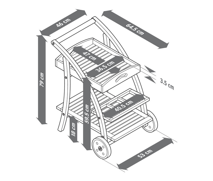 Illustration d'un chariot de bar avec plateau amovible et dimensions.