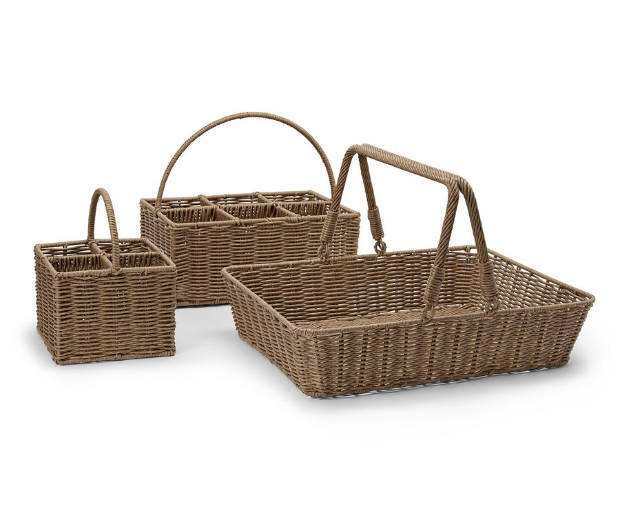 Trois paniers-plateaux bruns de différentes tailles.