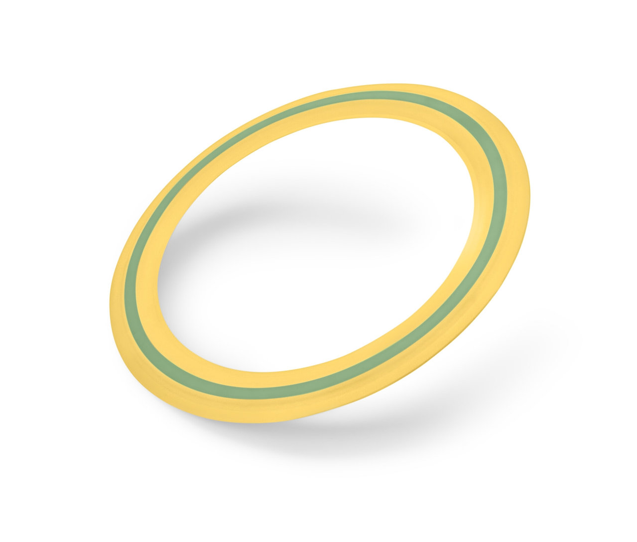 Disque volant jaune avec une rayure verte sur fond blanc.