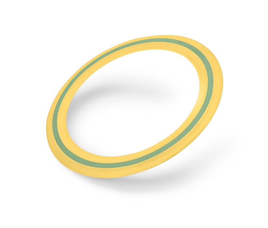 Disque volant jaune avec une rayure verte sur fond blanc.