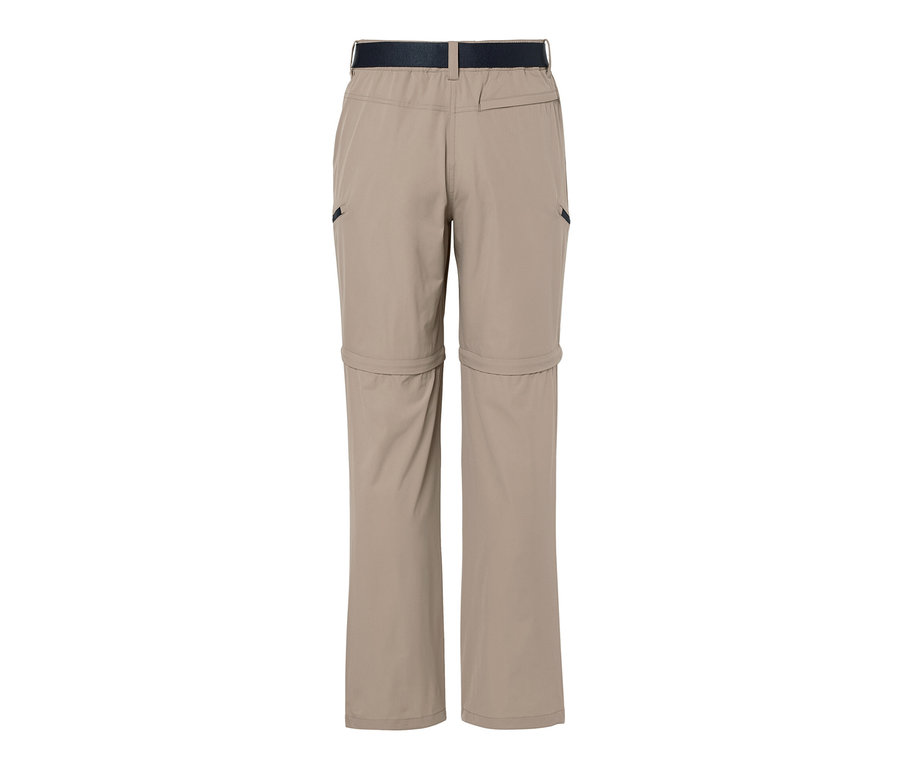 Pantalon technique 2 en 1 beige avec ceinture noire.