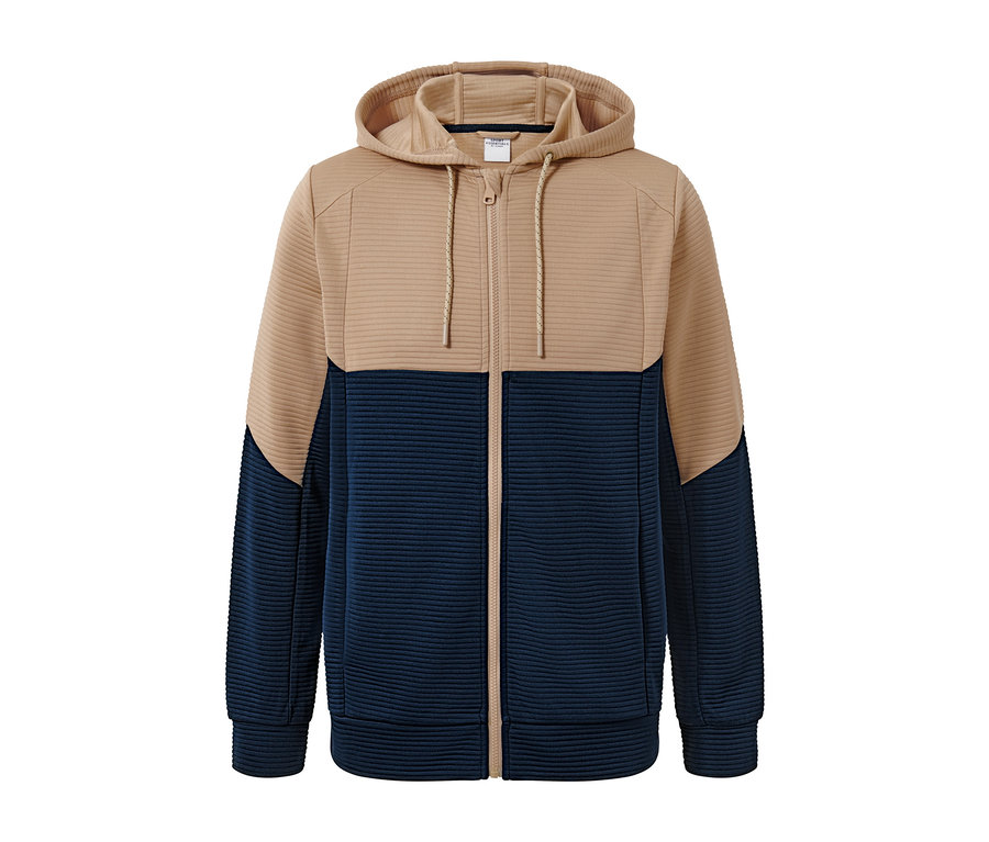 Veste fonctionnelle beige et bleu marine.