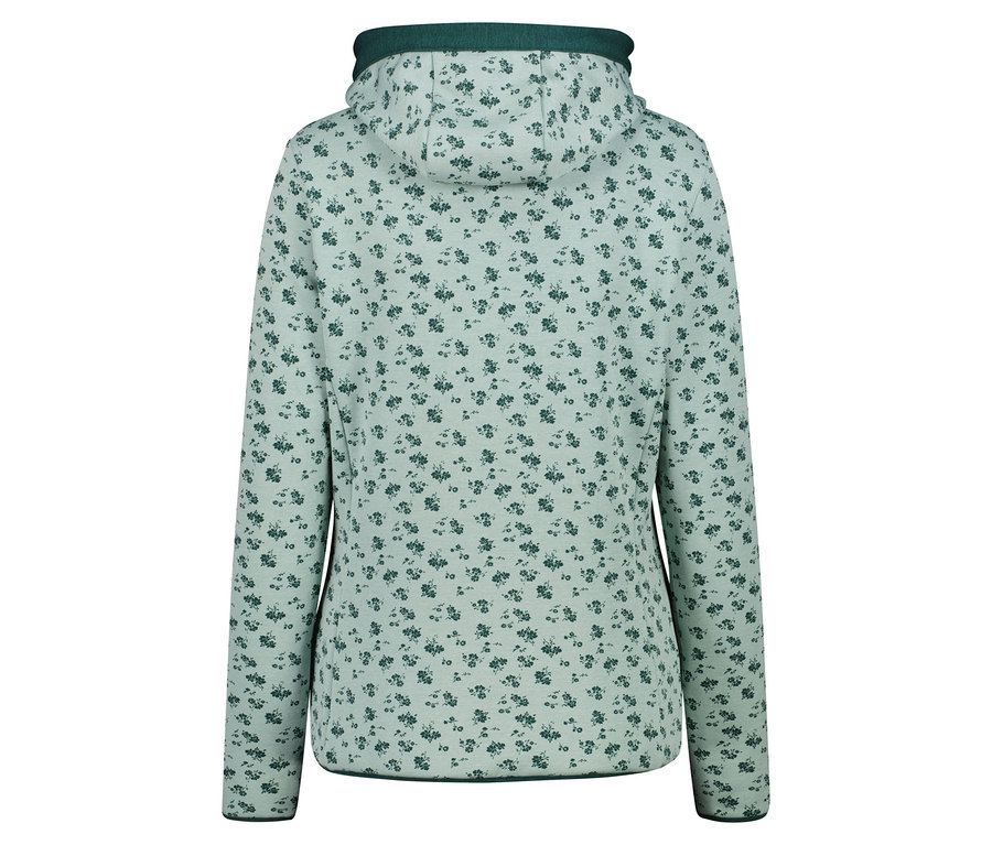 Vue arrière d'un sweat à capuche vert clair avec un motif floral vert foncé.
